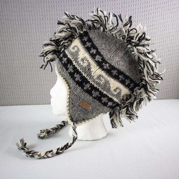 Ark Wool Mohawk Punk Knit Earflap Toque Made in Nepal - Picture 3 of 6
